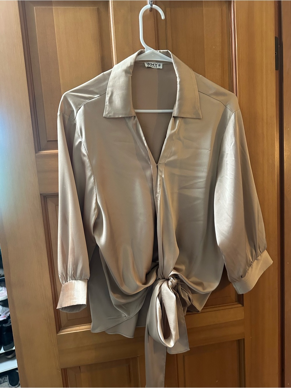 WHY Satin Tie-Front Blouse in Beige